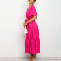 Women's Solid Color Dress Long Short Sleeve Lace Up V Neck Comfortable Dresses