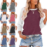 Women Color Matching Crew Neck 3/4 Sleeve T-Shirt Pullover Blouse Tops Tunic Tee