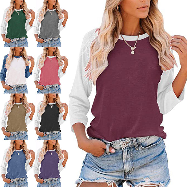 Women Color Matching Crew Neck 3/4 Sleeve T-Shirt Pullover Blouse Tops Tunic Tee