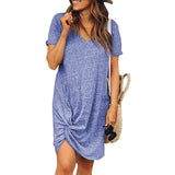 Womens Solid Color Knot Dress Short Sleeve V Neck Shirt Casual Knee Length Dress