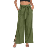 Women Side Slit Wide Leg Loungewear Solid Color Casual Bottoms High Waisted Summer Palazzo Pants