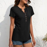 Women Solid Short Sleeve T-Shirt Summer V Neck Blouse Button Tops Casual Pullover Tunic