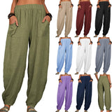 Women Solid Color Loose Cotton Linen Casual Pants Wide Leg Trouser with Pockets
