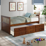 Gplesas Twin Size Captain Bed w/3 Storage Drawers, Trundle Bed Wooden Bed Frame, Solid Wood Platform Guest Bed Walnut