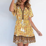 Women Summer Sun Dress Short Sleeve V-Neck Floral Mini Dress Boho Beach Retro V Neck Tassel Swing Tunic Dress