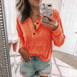 Women's Front Button Long Crochet Pockets Sleeve Lightweight Rib Tee Shirt Top
