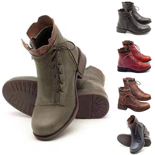 Women's Lady Ankle Boots Low Heels Casual Shoes Lace Up Zip Punk Combat Booties