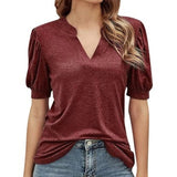 Women's V Neck T-shirts Short Lantern Sleeve Tops Sweet Tee Solid Color Blouse