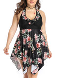 Women Plus Size Floral Swimdress Swimming Costumes Two Piece Swimwear Swimsuit for Ladies, Halterneck Bathing Suit Beachwear Push Up Padded Bra Backless Tummy Control