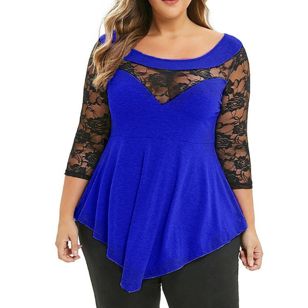 Women's Top Casual Fashion Crew Neck Lace Splicing 3/4 Sleeve Blouse Pullover