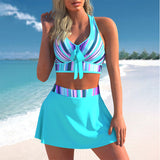 Women Sexy Swimwear V Neck Sleeveless Skirt Set Bow Tie Casual Bathing Suit High Waist Backless Swimdress Ruffle Hem Holiday Summer