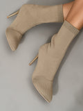 Womens Knitted Stretch Cloth Slip On Ankle Boots Pointed Toe Fashionable Kitten High Heels Boots
