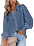 Frontwalk Womens Long Sleeve V-Neck Blouses Tops Button Down Office Work Shirt Casual Loose Baggy Pleated Tunic