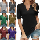 Women's V Neck T-shirts Short Lantern Sleeve Tops Sweet Tee Solid Color Blouse