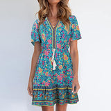 Women Summer Sun Dress Short Sleeve V-Neck Floral Mini Dress Boho Beach Retro V Neck Tassel Swing Tunic Dress