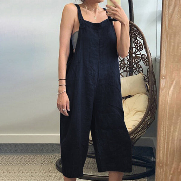 Women Classic Straps Romper Wide Leg Capris Pants Vintage Jumpsuits Ladies Suspender Daily Wear Trousers