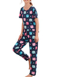 Women Short Sleeve Tops+Pants Round Neck Loungewear Sleepwear Outfit Graphic Print Pajama Set
