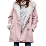 Women's Solid Color Hooded Neck Long Sleeve Fall Winter Hoodie Button-up Pockets