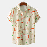 Mens Button Down Shirt Casual Loose Tops Summer Hawaiian Shirts Lapel Neck Short Sleeve T-shirt Mushroom Print Blouse