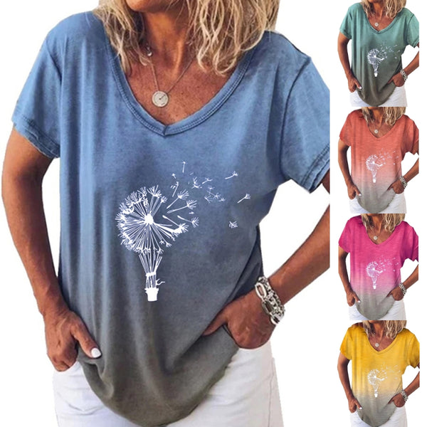 Women Summer Gradient Top V Neck Short Sleeve T Shirt Casual Dandelion Print Blouse Loose Pullover