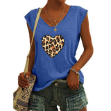 Lumento Womens Tops Summer V Neck Heart Print T Shirts Leopard Cap Sleeve Casual Blouse
