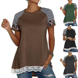 Women's Round Neck Leopard T Shirts Short Sleeve Striped Color Block Casual Tops