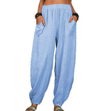 Women Solid Color Loose Cotton Linen Casual Pants Wide Leg Trouser with Pockets
