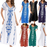 Lumento Women Embroidery Short Sleeve Bikini Cover Up Side Split Beach Kaftan Dress Swimsuit