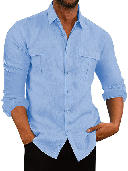 Mens Front Pockets Holiday Autumn Shirts Hawaiian Buttons Tee Plain Turn Down Collar T Shirt