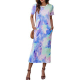 Lumento Women's Short Sleeve Split Maxi Dress Casual Tie Dye Print Shirt Long Dress with Pockets