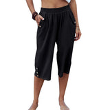 Women Yoga Capris Pants Button Straight Leg Loose Comfy Lounge Pants