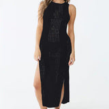 Lumento Crochet Cover Ups for Women Hollow Out Sleeveless Bikini Swimsuit Swimwear Side Split Long Beach Dress