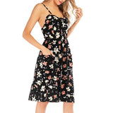 Women Backless Spaghetti Strap Dress Floral Print Pocket Summer Sexy Beach Dress