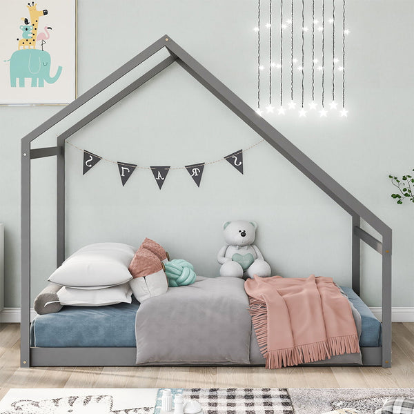 Goory Twin House Bed Frame, Wood Floor Bed with Roof Tent for Kids, Toddlers, Easy Assembly, Gray