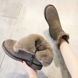 Lady Solid Color Ankle Boots Flat Shoes Warm Booties Side Zip Round Toe High Top