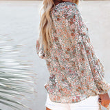 Ladies V-neck Floral Blouse Women's Lantern Long Sleeves Loose Fit Tops Shirts