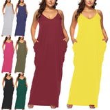 Women Solid Plus Size Sleeveless Maxi Dress V Neck Summer Spaghetti Straps Dress Double Side Pocket