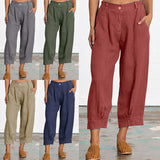 Women Cotton Linen Capri Mid Waist Palazzo Cropped Pants with Pockets Summer Solid Color Casual Loose Trousers