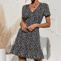 Women's Ruffle Sleeve Dresses Summer Sexy V Neck Floral Print Boho Beach Dress