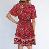 Women Summer Sun Dress Short Sleeve V-Neck Floral Mini Dress Boho Beach Retro V Neck Tassel Swing Tunic Dress