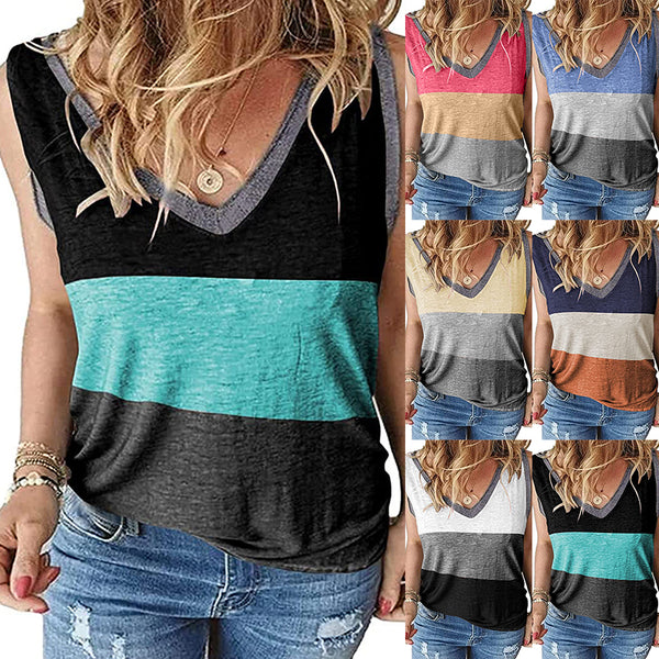 Women Color Block Tank Tops Sleeveless V Neck Summer Casual Tee Shirt Loose Tees