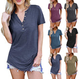 Womens V-Neck Blouses Short Sleeve Button Up Tunic Tops Casual Summer Henley Shirt Solid Color Basic T Shirt
