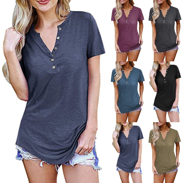 Womens V-Neck Blouses Short Sleeve Button Up Tunic Tops Casual Summer Henley Shirt Solid Color Basic T Shirt