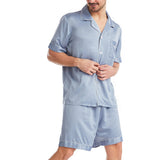 Mens Pajamas Set Solid Color Buttons Tops and Shorts Outfits Set Sleepwear