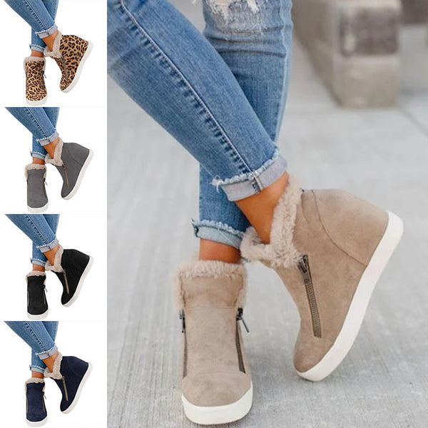 Women's Ankle Boots Booties Fur Lined Hidden Wedge Heel Casual Shoes Dual Zipper