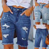 Women Tassel Skinny Stretch Ripped Midi Jeans Streetwear Summer Denim Short Pant