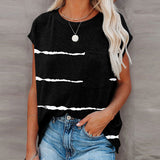 Womens Striped Cap Sleeve Crew Neck Tops T-Shirts