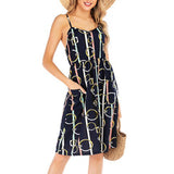 Women Backless Spaghetti Strap Dress Floral Print Pocket Summer Sexy Beach Dress