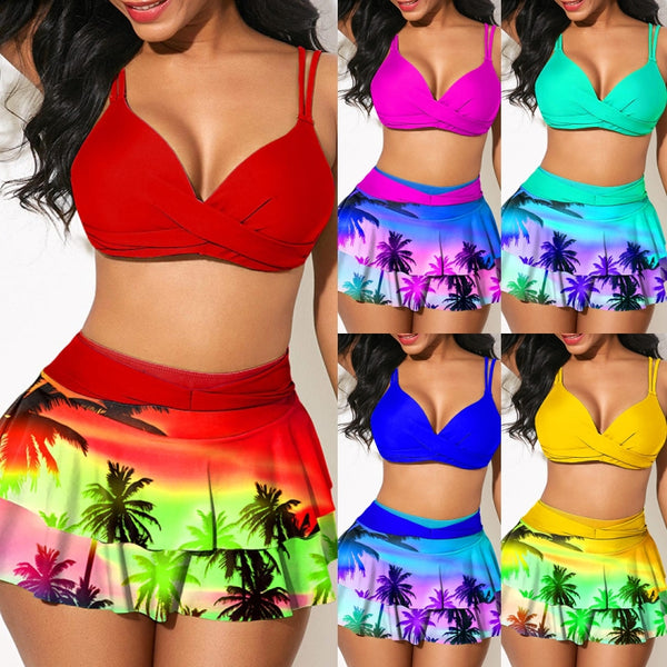 XS-XXL Women's Two Piece Swimsuit Bikini Set Summer Coconut Tree Prints Swimwear High Waist Tankini Double Suspenders Bra Tops+ Swimdress Bottoms Bathing Suits