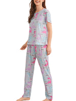Womens Sleepwear Pant Set Cute Print Juniors Girl Short Sleeve Loungewear Pajamas Casual Loose 2 Piece Summer Outfits
